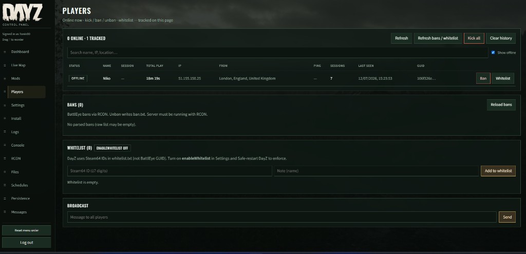 DayZ Panel players page
