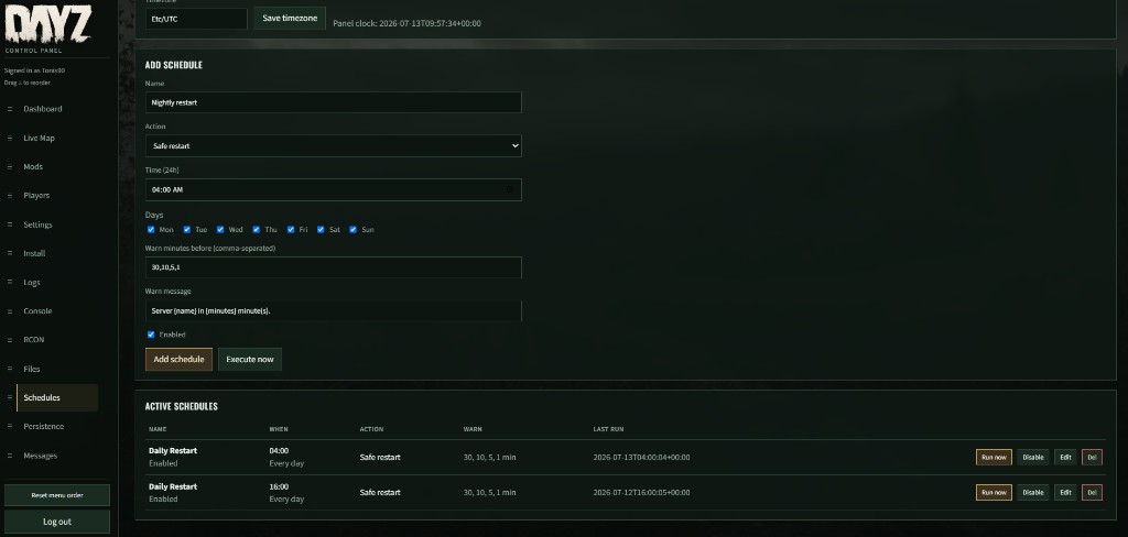 DayZ Panel schedules