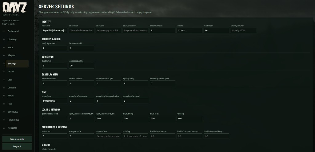 DayZ Panel server settings