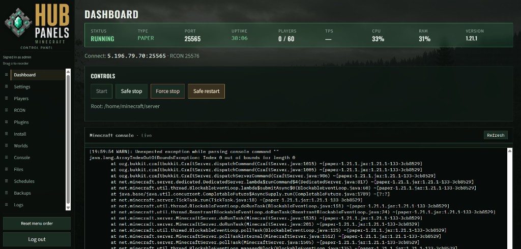 Minecraft Panel dashboard